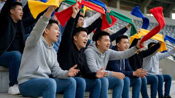 球迷在看台上观看比赛并挥舞围巾的现场画面
