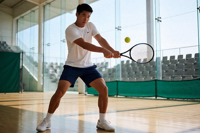 网球场地内运动员准备击球的比赛画面